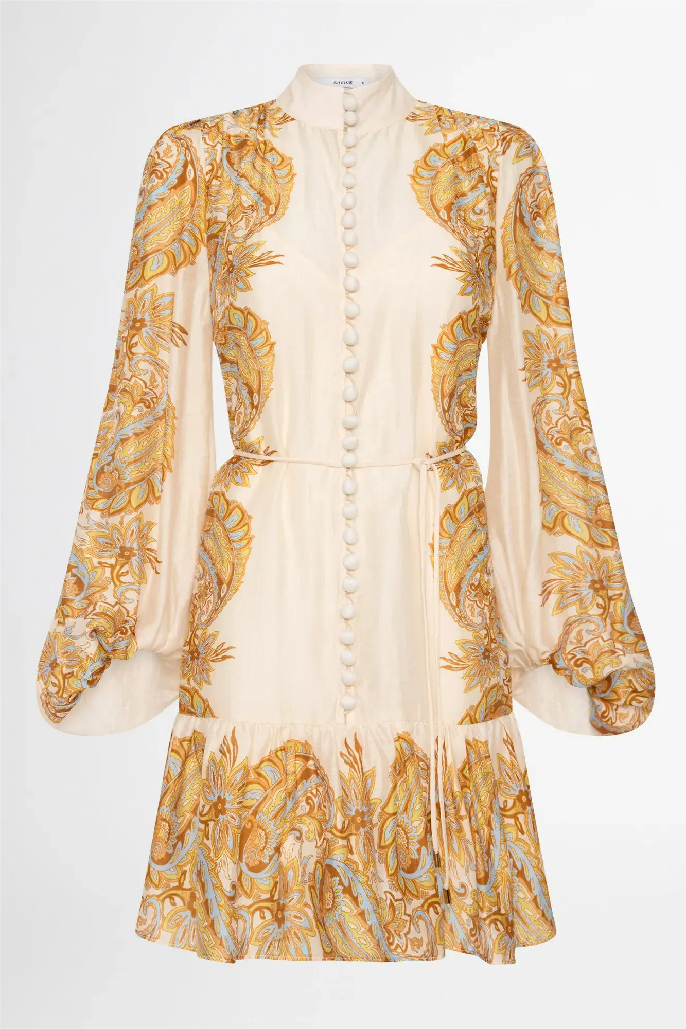 Paisley Single Breasted Lantern Sleeve Mini Dress