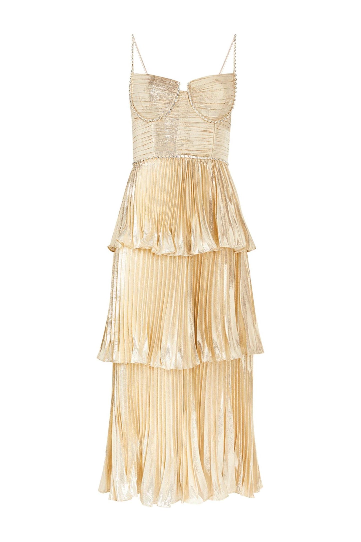 Rhinestone Sleeveless Pleat Solid Midi Dress