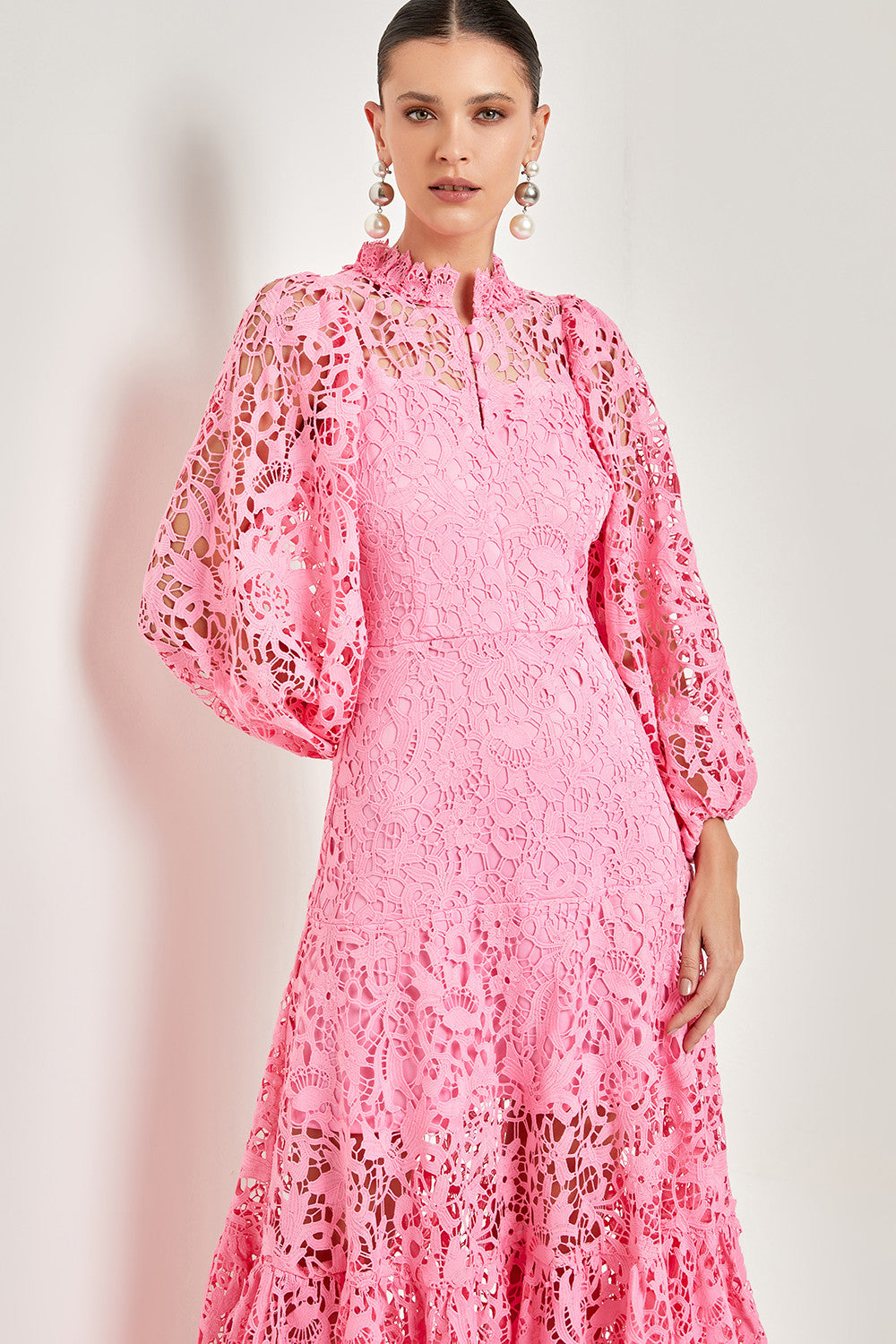 Lace Embroidered Long Sleeve Midi Dress Pink