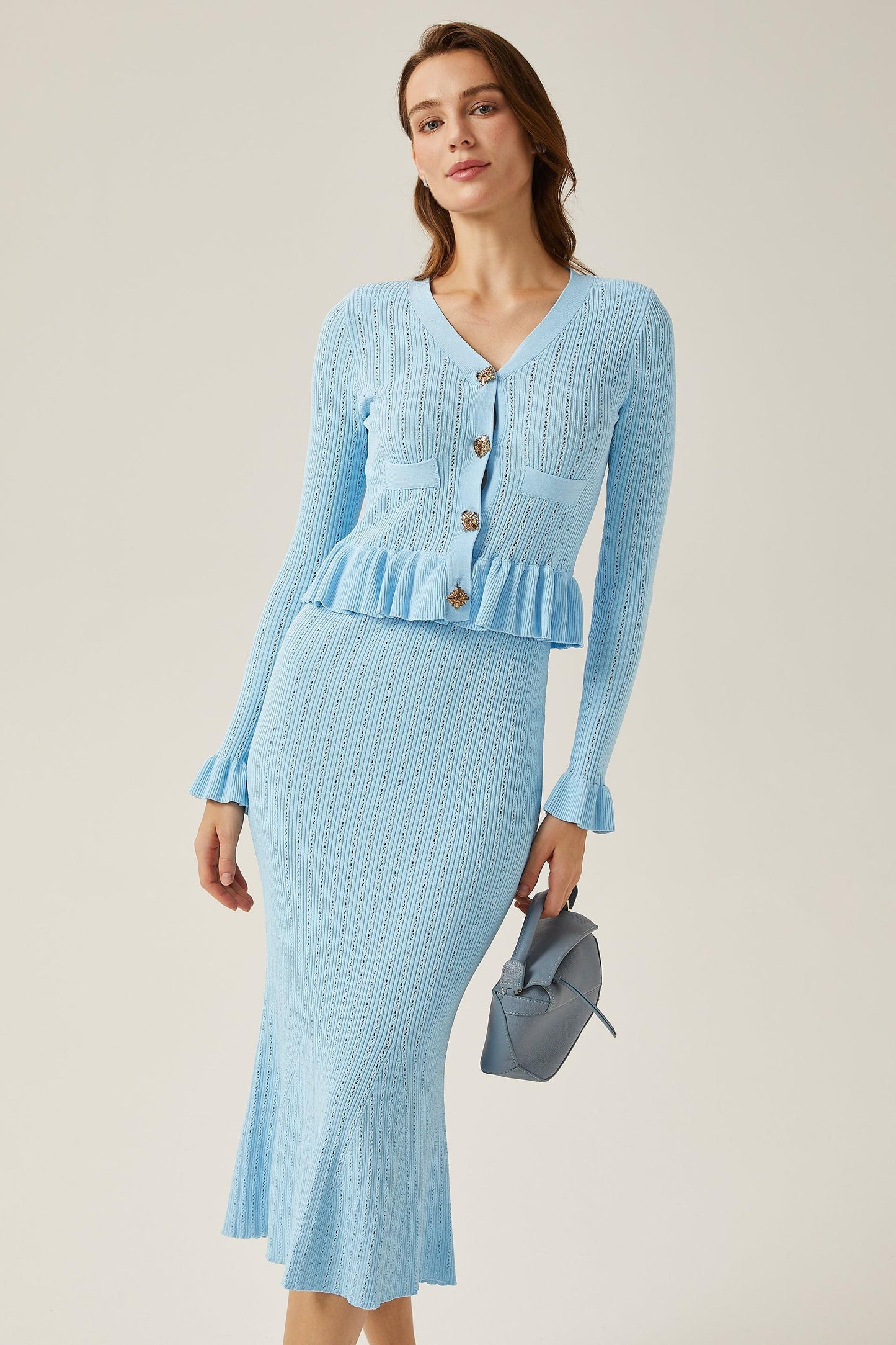 Solid Metal Button Top & High Waist Knit Midi Skirt Set Blue