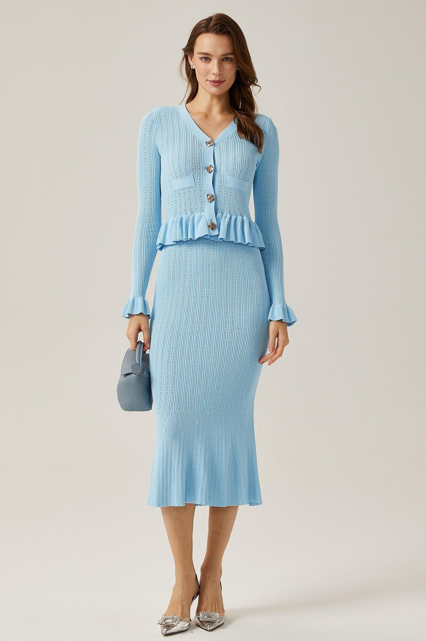 Solid Metal Button Top & High Waist Knit Midi Skirt Set Blue