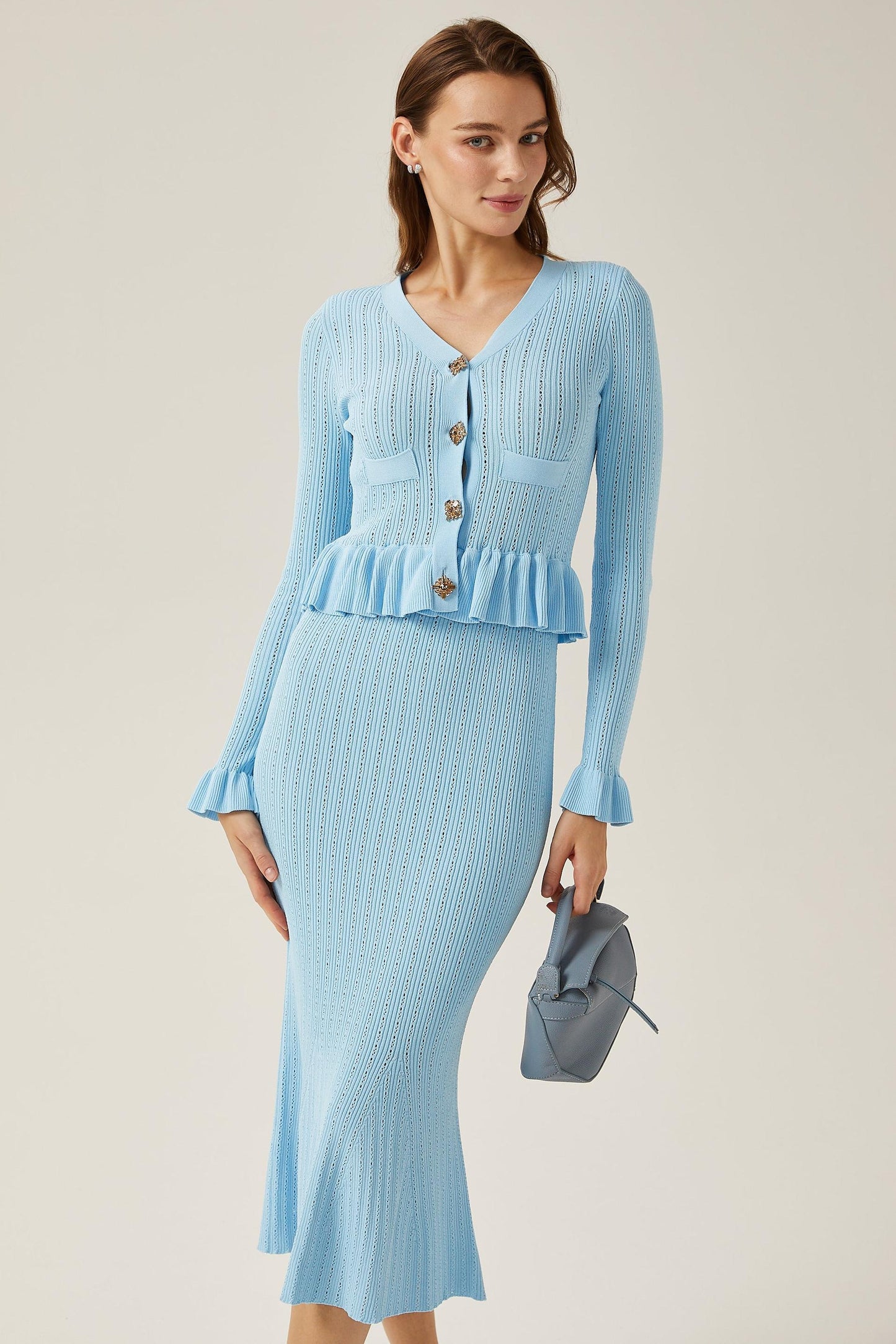 Solid Metal Button Top & High Waist Knit Midi Skirt Set Blue