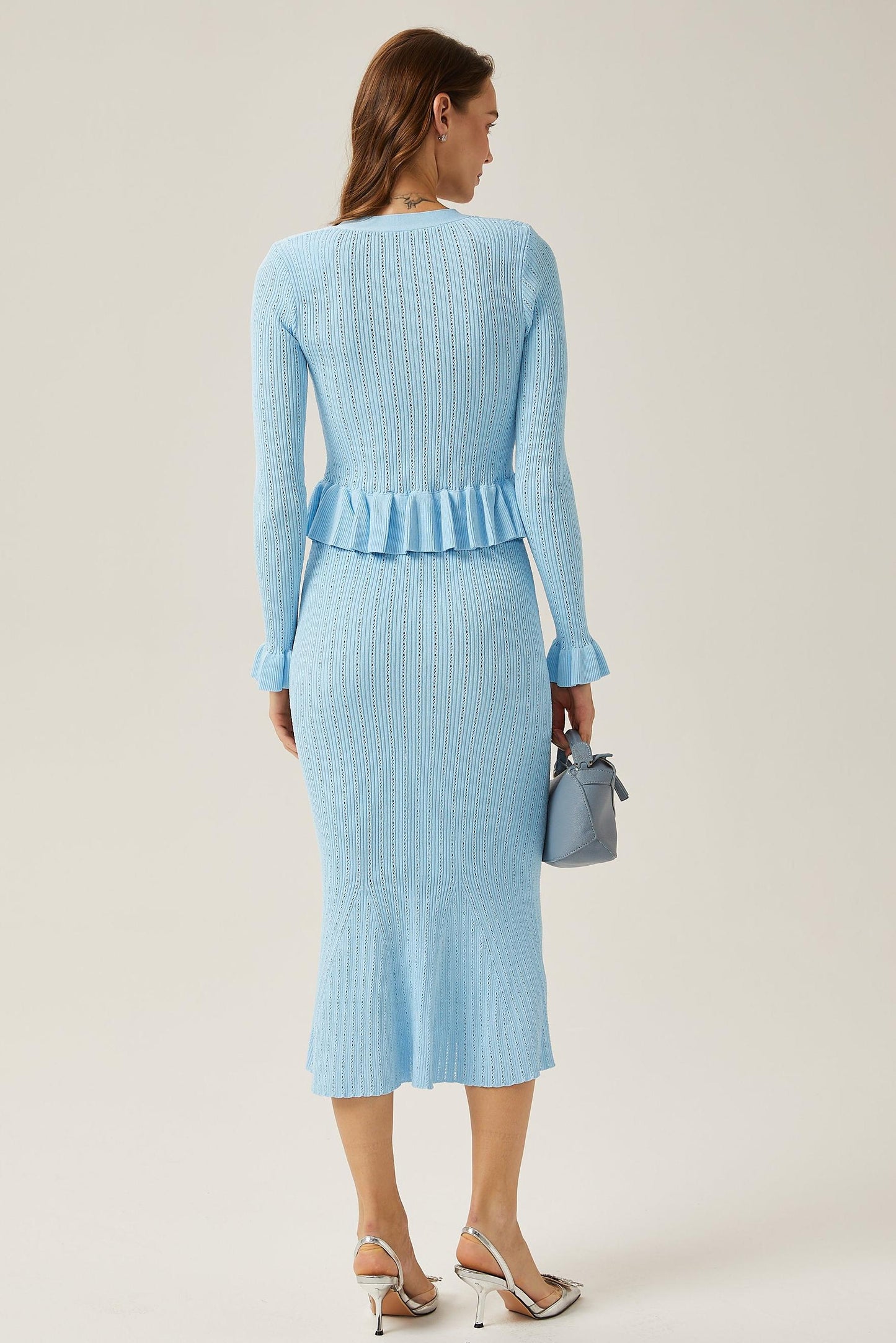 Solid Metal Button Top & High Waist Knit Midi Skirt Set Blue