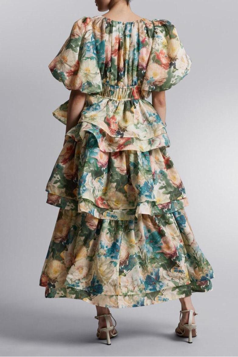 Floral Puff Sleeve Tiered Midi Dress
