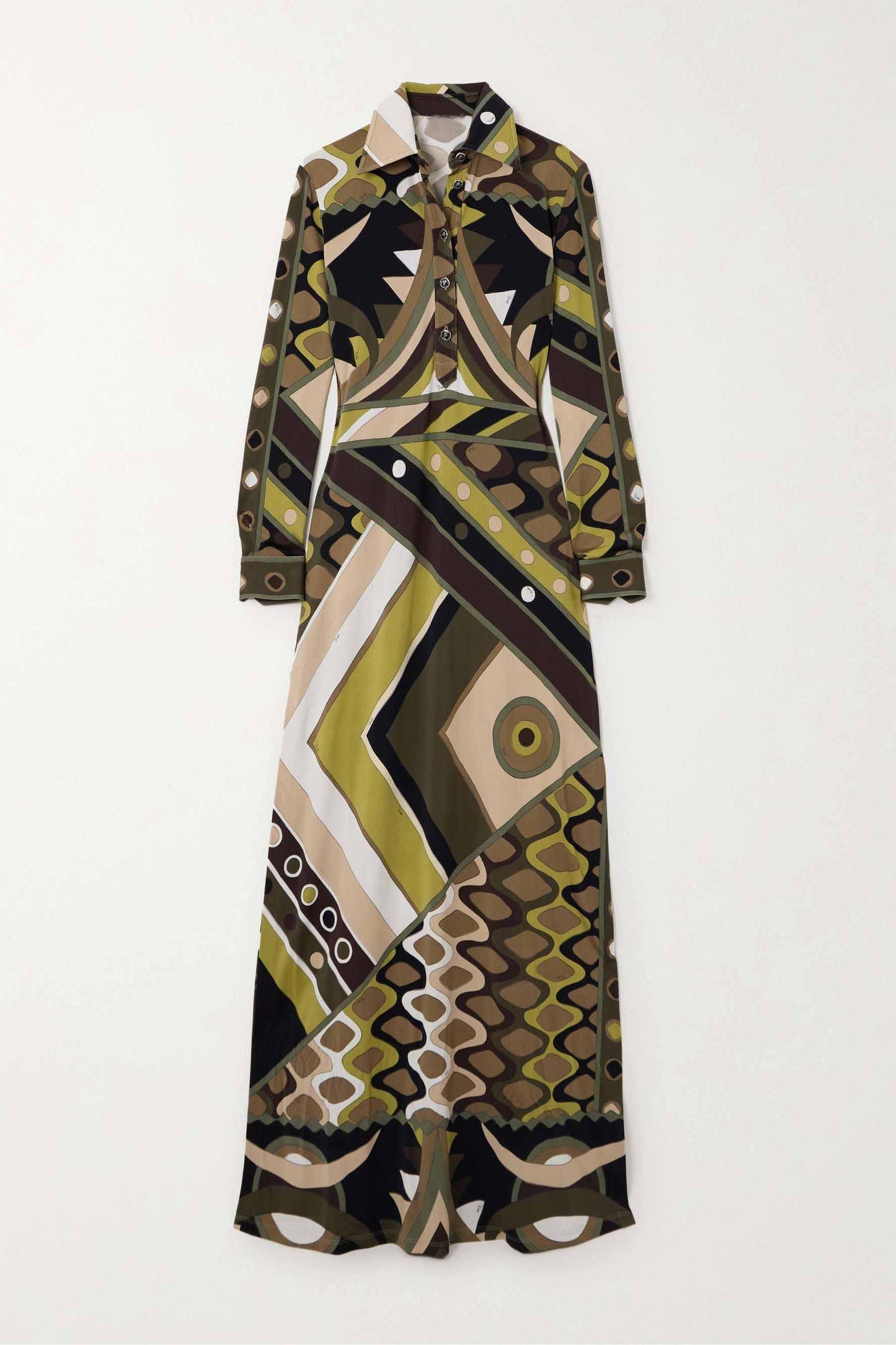 Abstract Print Shirt Collar Long Sleeve Maxi Dress