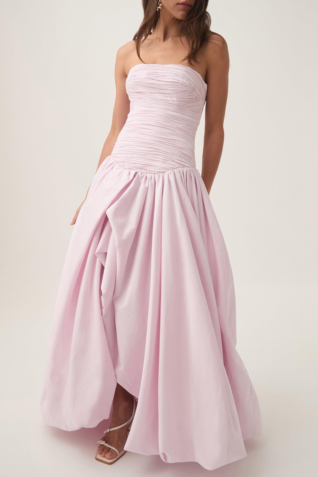 Off-Shoulder Pleat Split Solid Maxi Dress
