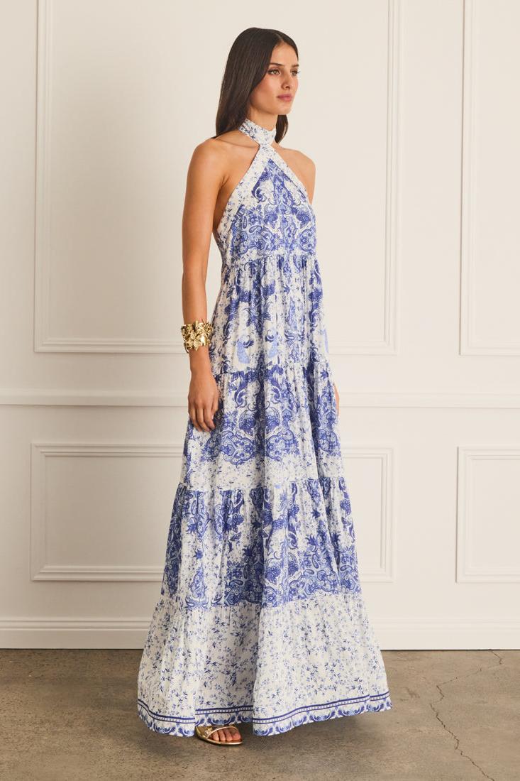 Paisley Print Halter Neck Backless Midi Dress