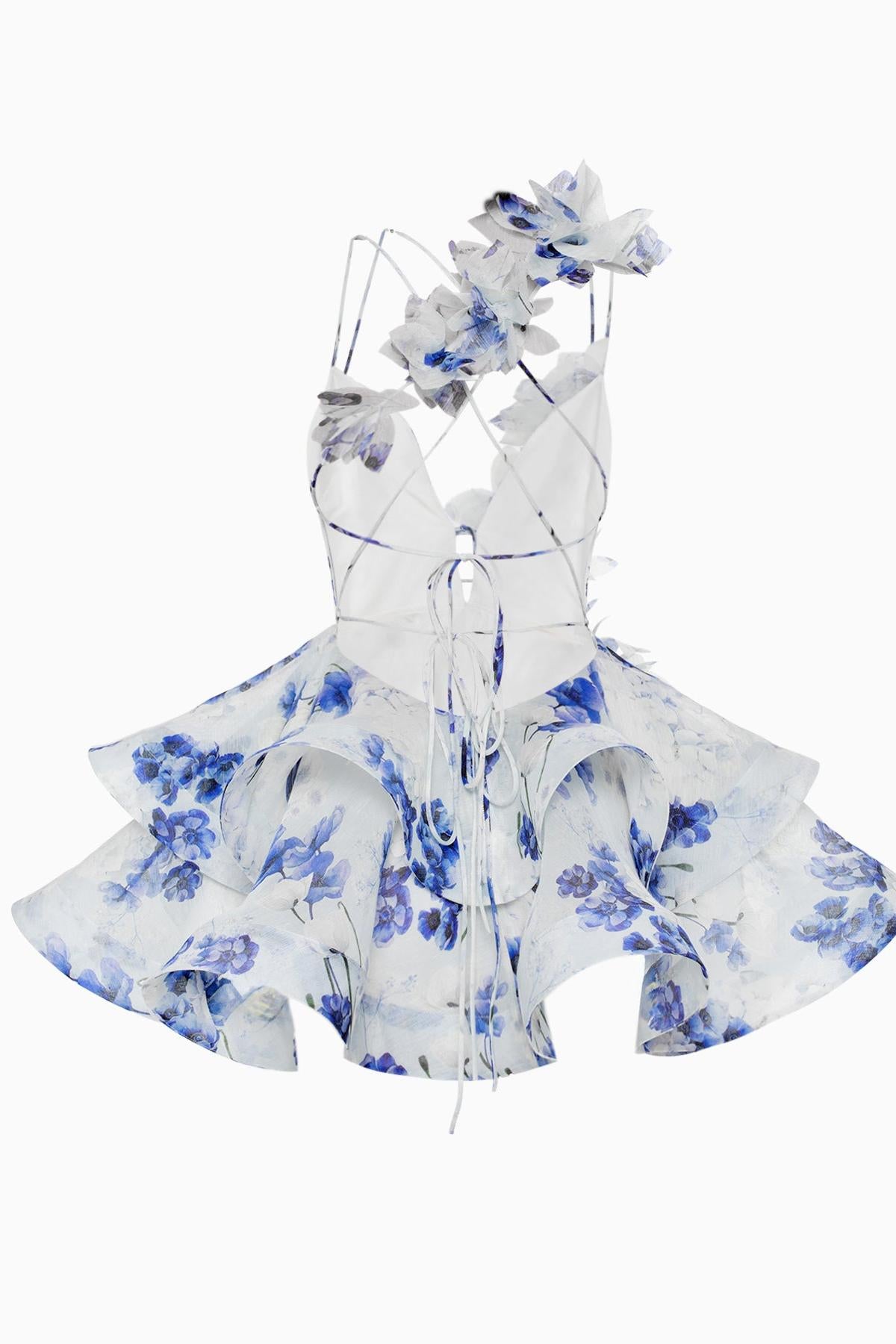 3D Flower Chiffon Ruffle Mini Dress