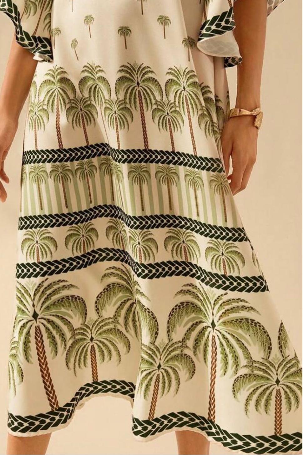 Botanical Print V-Neck Short Sleeve Midi Dress
