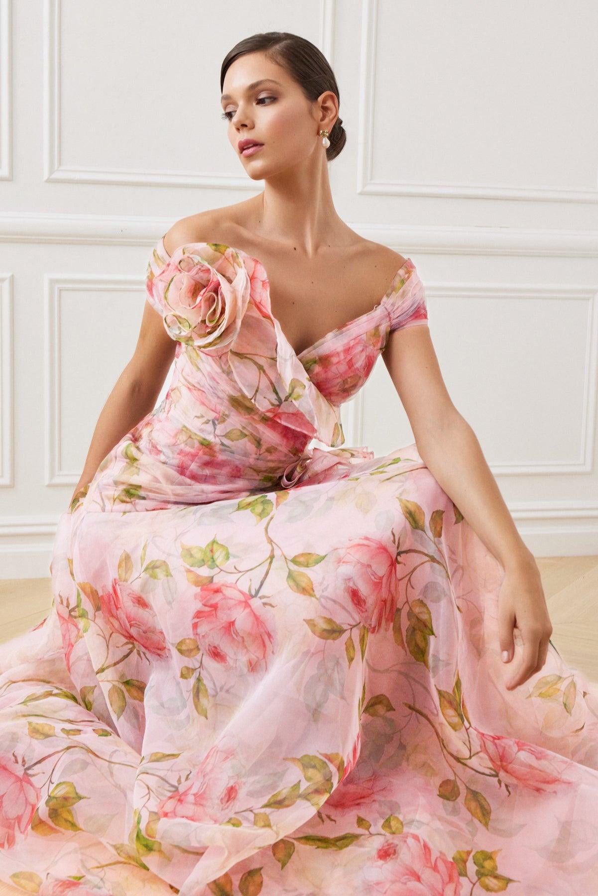3D Flower Frill Chiffon Maxi Dress
