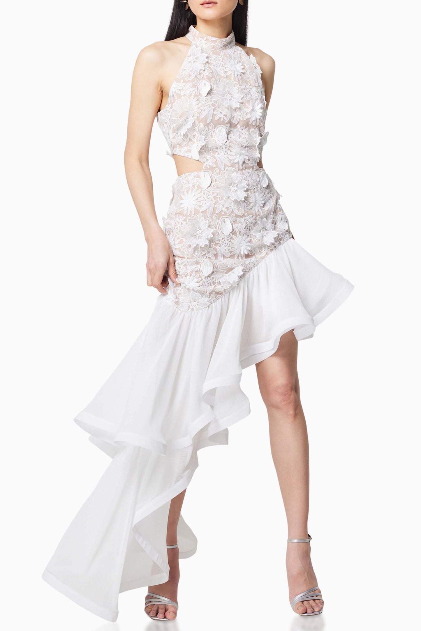 Ruffle Embroidered Halter Neck Midi Dress