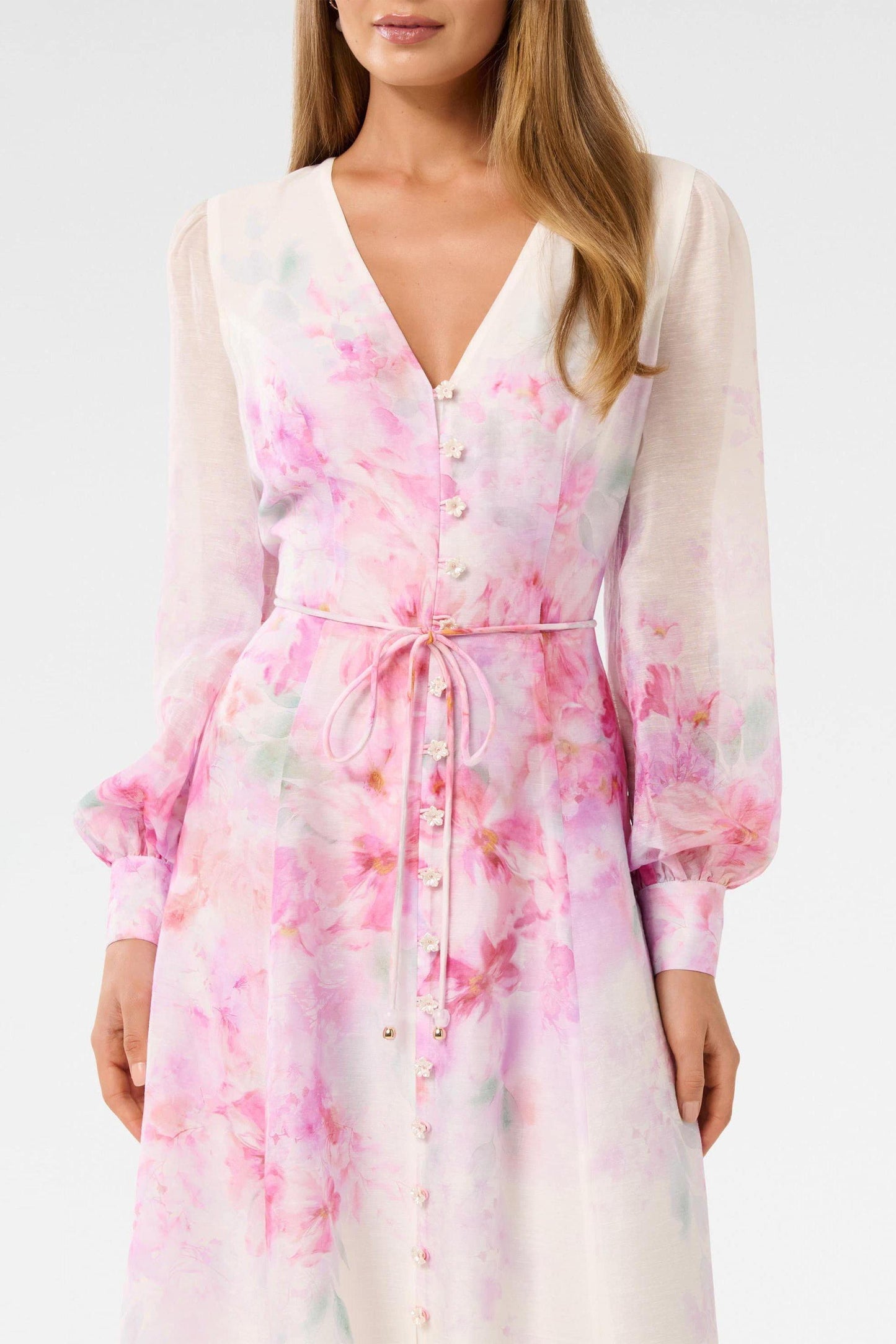 Floral Single Breasted Lantern Sleeve Midi Dress