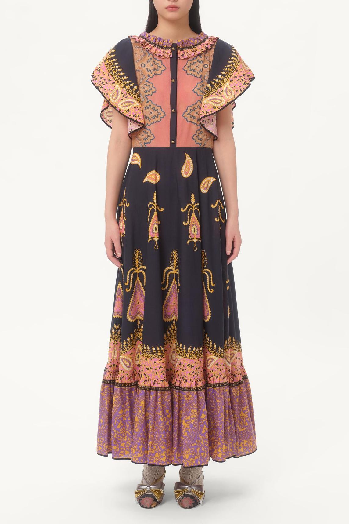 Paisley Print Frill Bell Sleeve Midi Dress