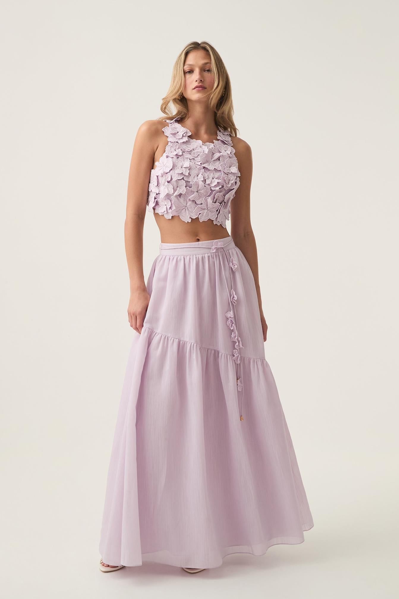 Embroidered Sleeveless Mini Top & High Waist Maxi Skirt Set
