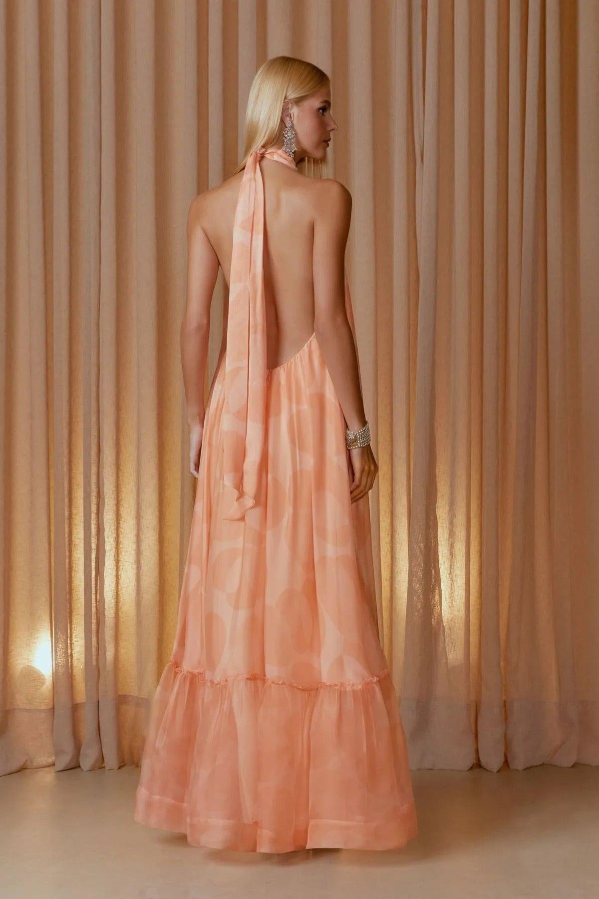 Chiffon Halter Neck Ruffle Maxi Dress