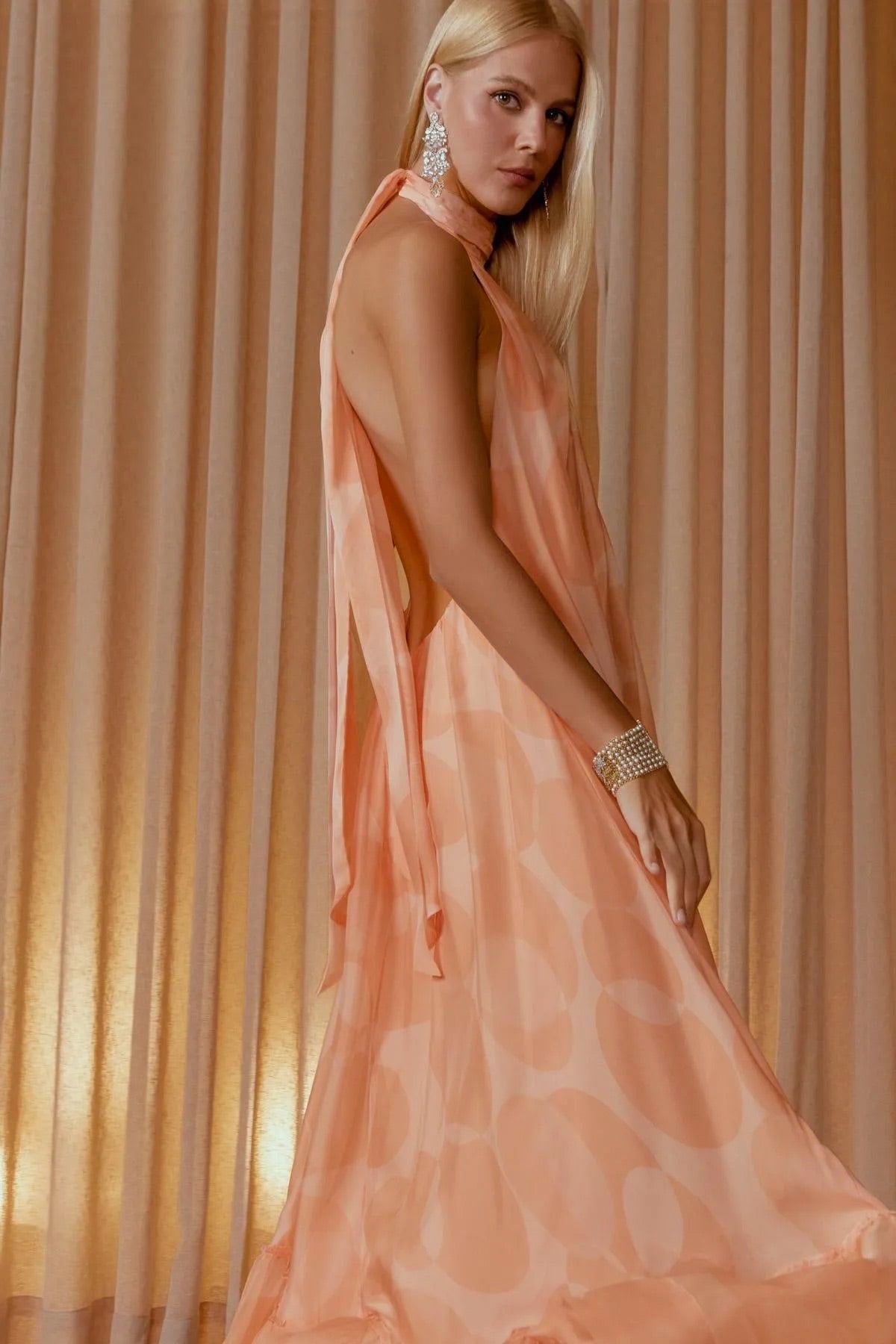 Chiffon Halter Neck Ruffle Maxi Dress