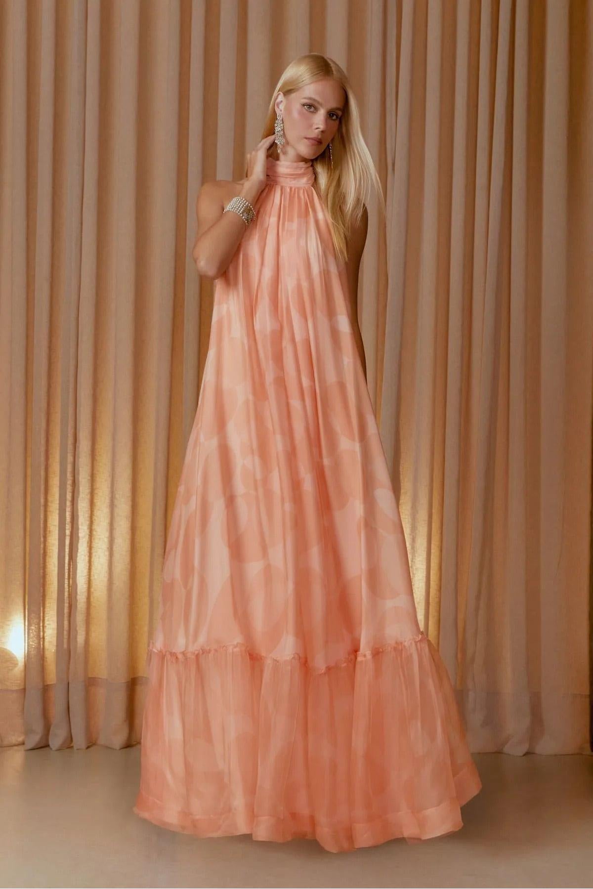Chiffon Halter Neck Ruffle Maxi Dress