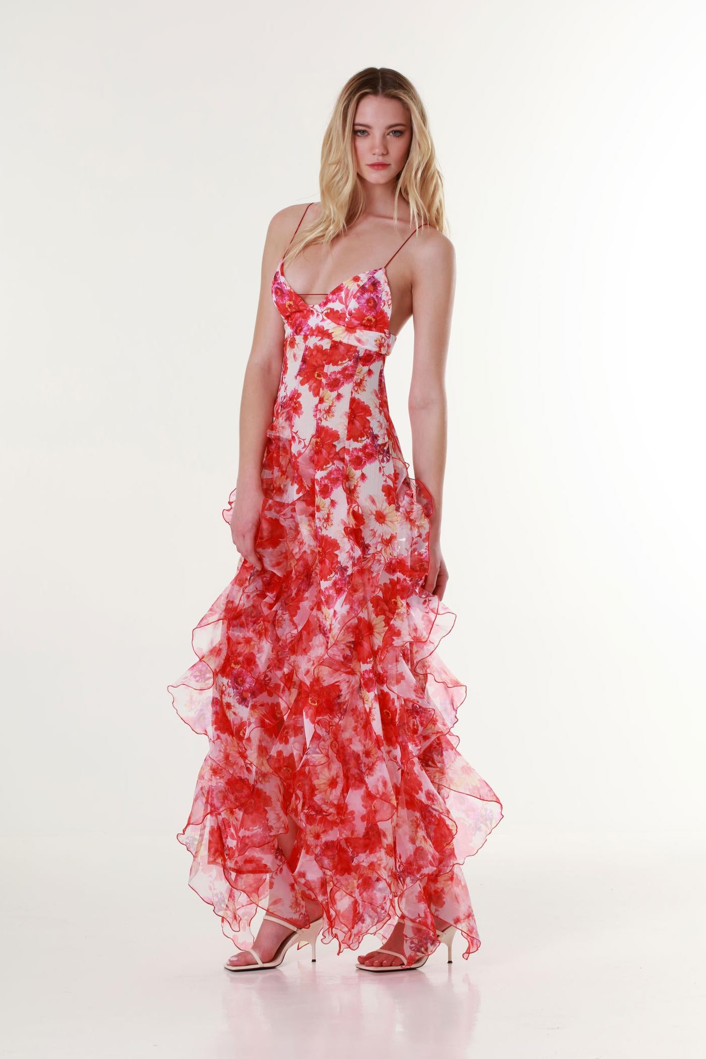 Chiffon Floral Frill Midi Dress