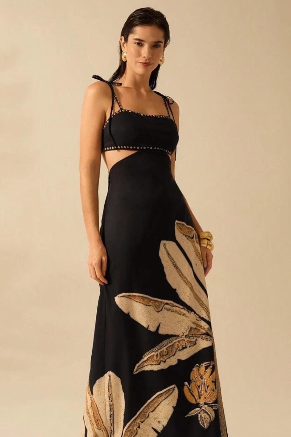 Botanical Print Lace Up Slip Midi Dress