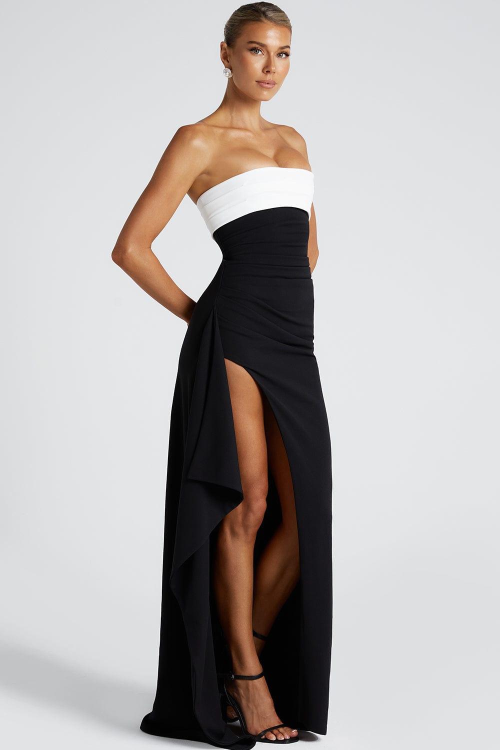 Contrast Color Split Off-Shoulder Maxi Dress