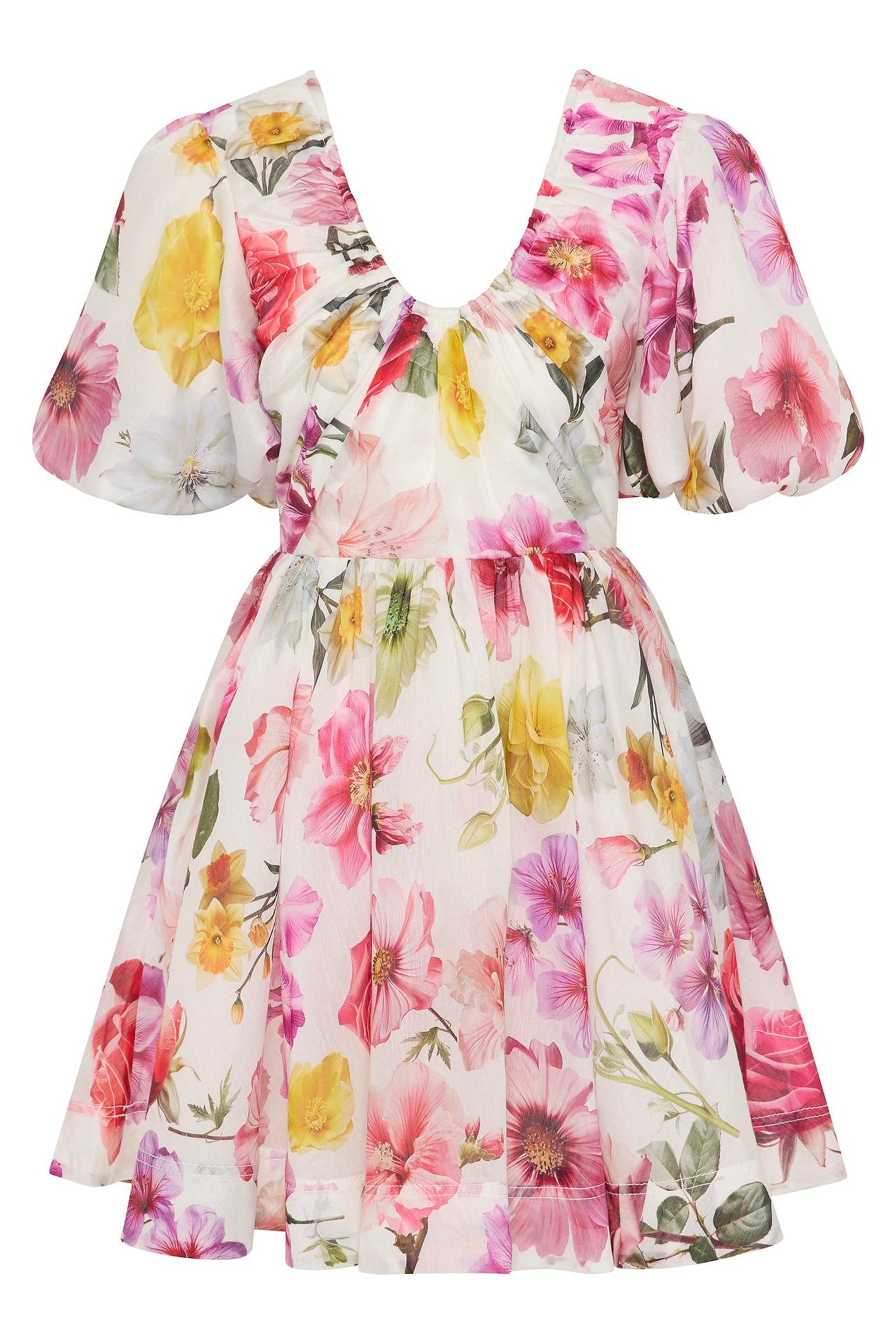 Floral V-Neck Puff Sleeve Mini Dress