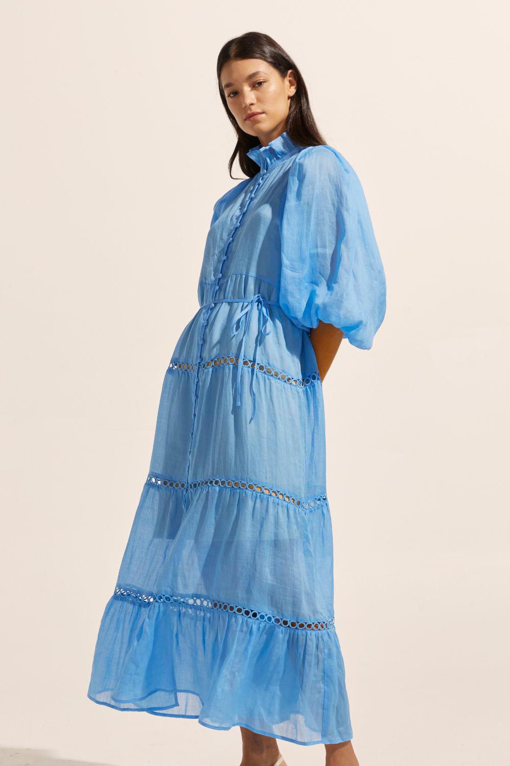 Solid High Neck Lantern Sleeve Midi Dress