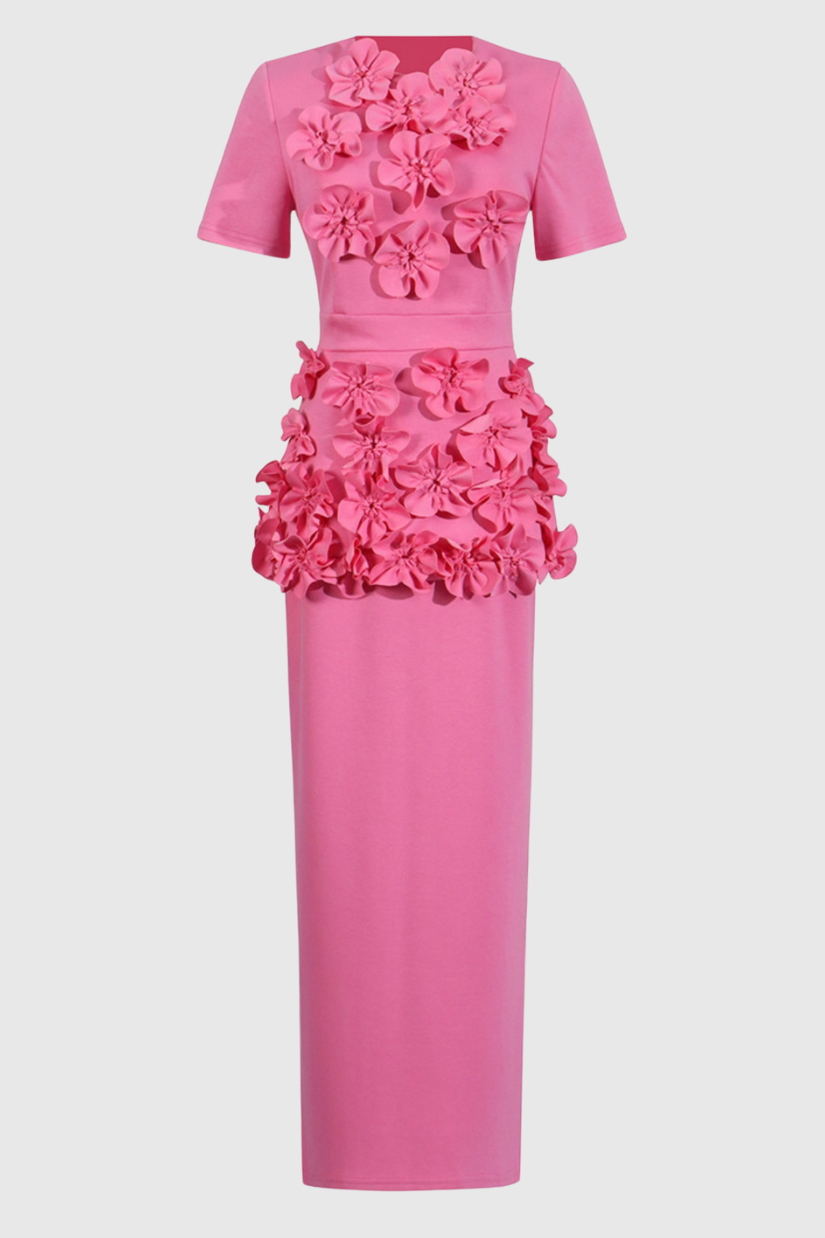 3D Flower Round Neck Short Sleeve Top & Mid Waist Midi Skirt Set