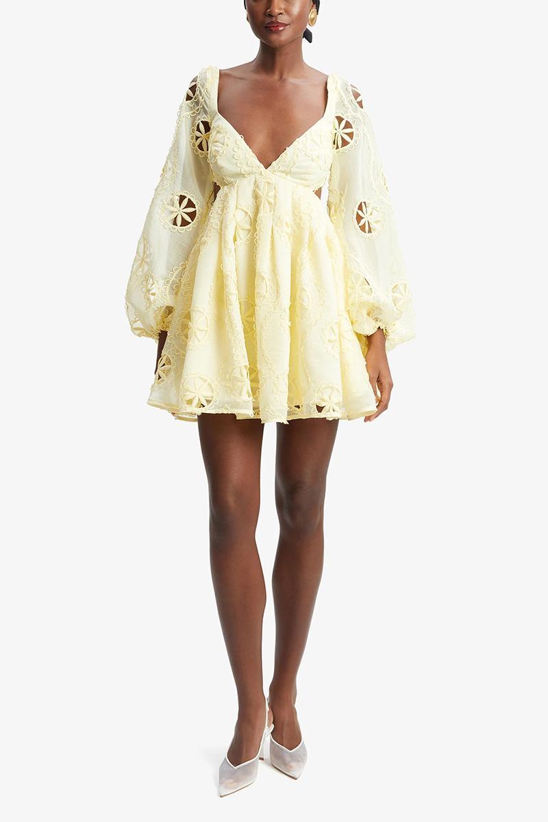 Cut-Out V-Neck Puff Sleeve Mini Dress