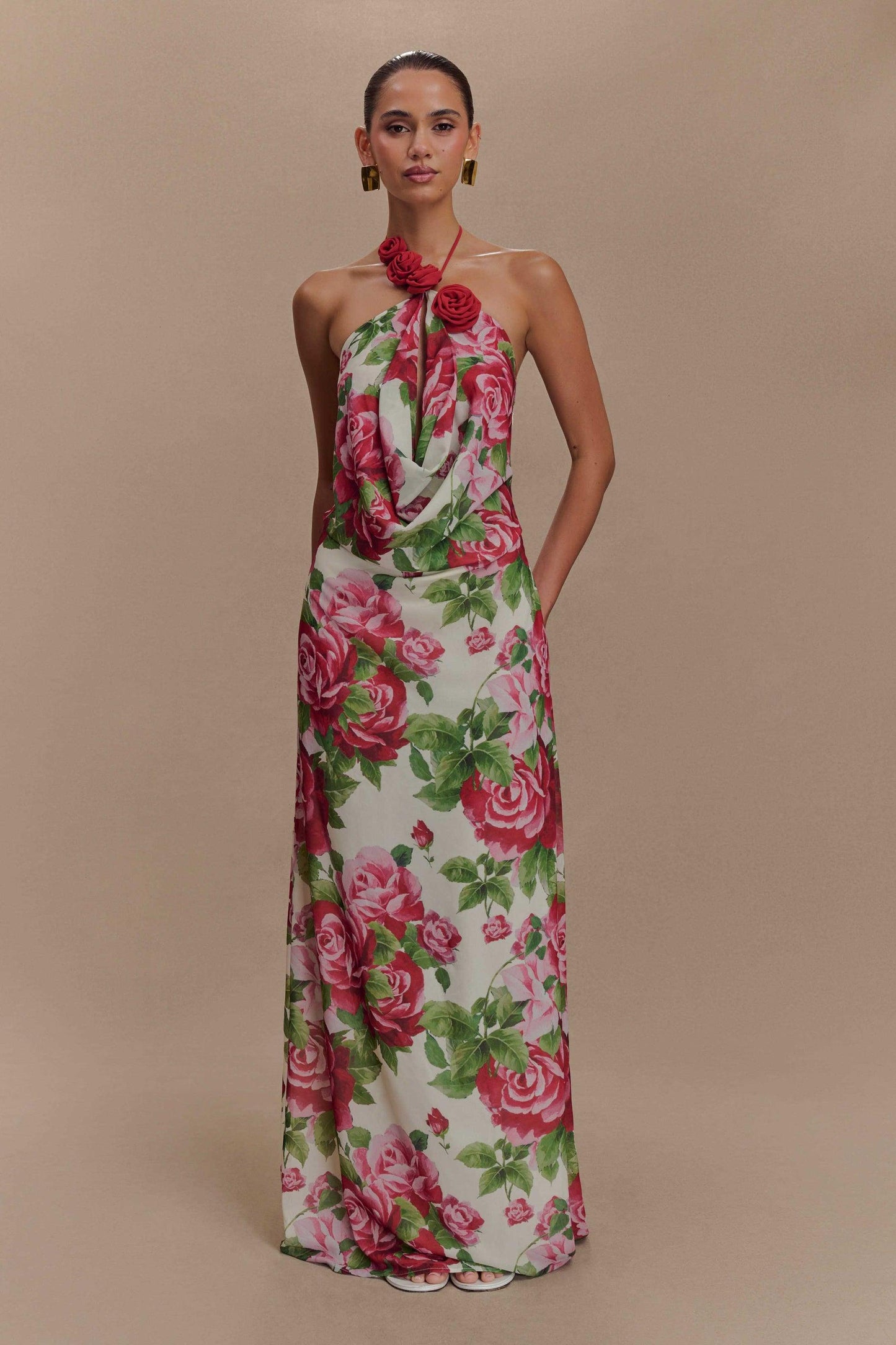 3D Flower Floral Halter Neck Maxi Dress