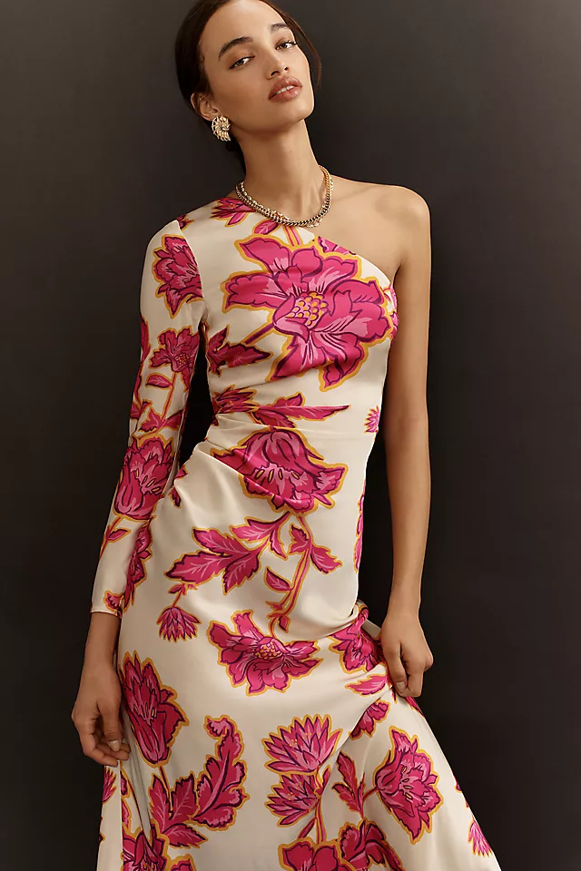 Satin Floral One-Shoulder Midi Dress