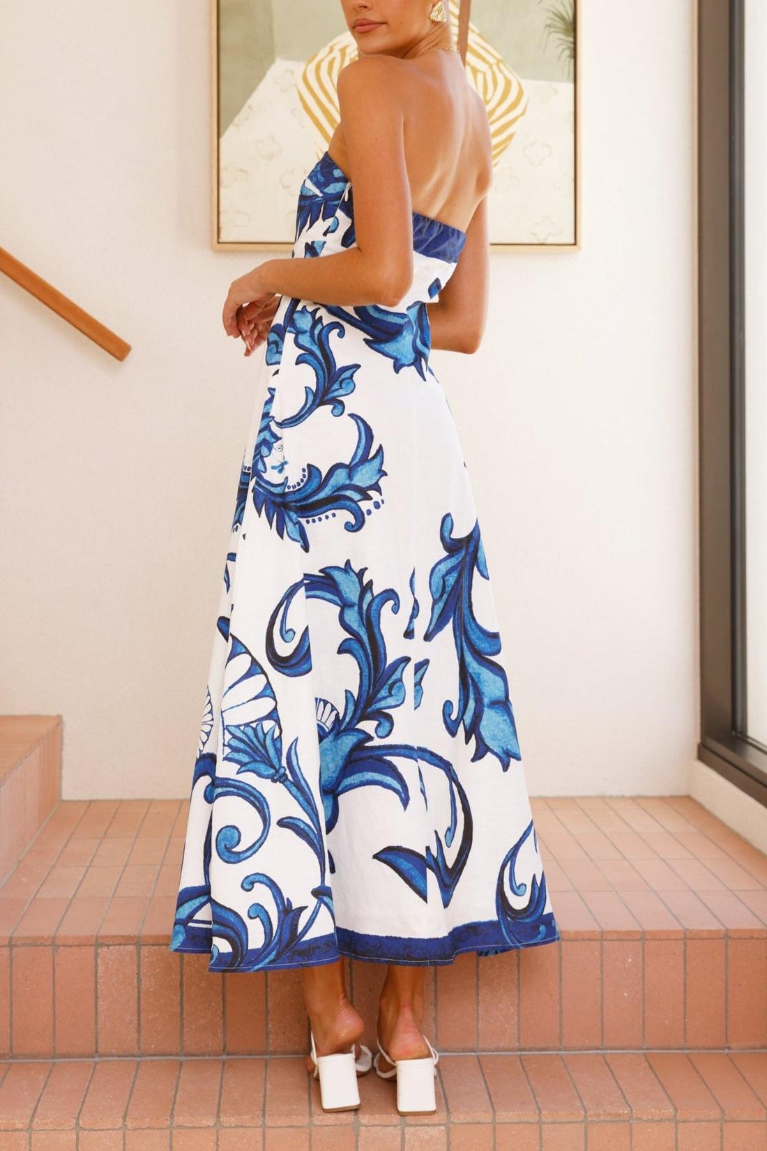 Paisley Print Off-Shoulder Backless Midi Dress