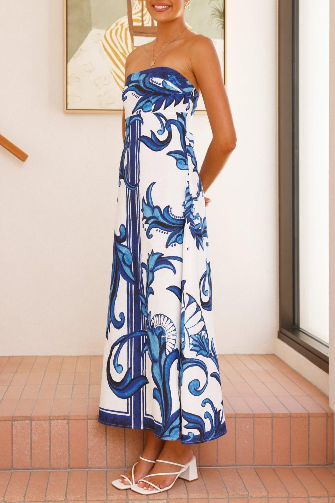 Paisley Print Off-Shoulder Backless Midi Dress