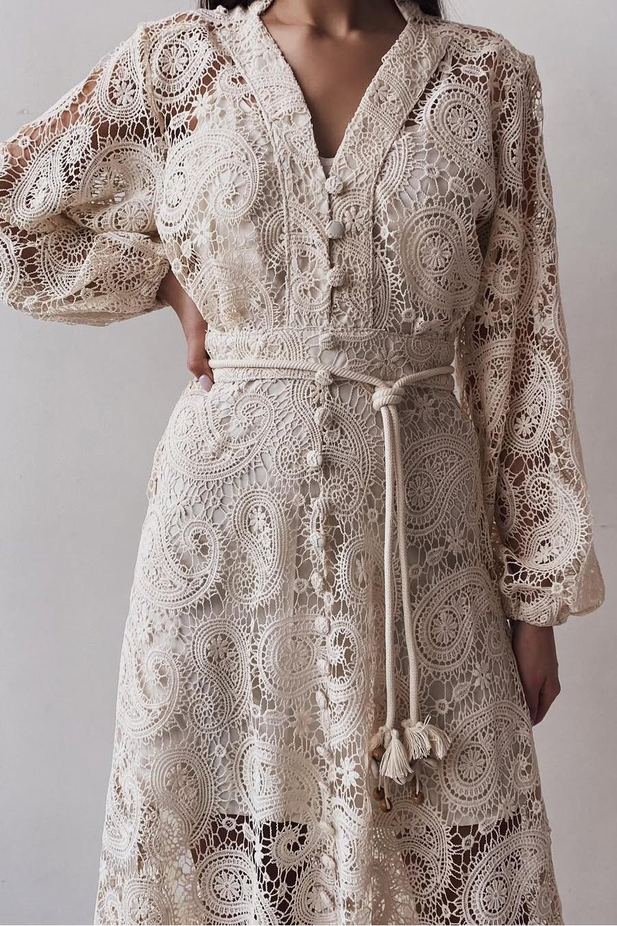 Lace Lantern Sleeve Lace Up Midi Dress