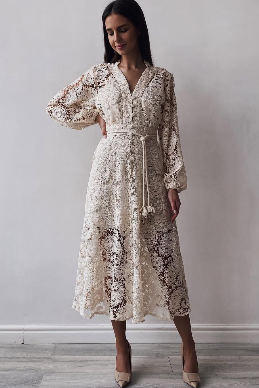 Lace Lantern Sleeve Lace Up Midi Dress