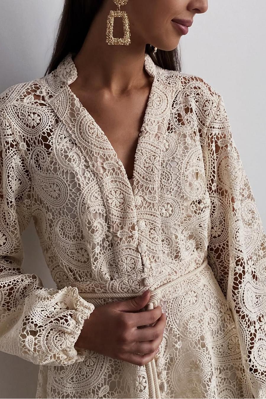 Lace Lantern Sleeve Lace Up Midi Dress