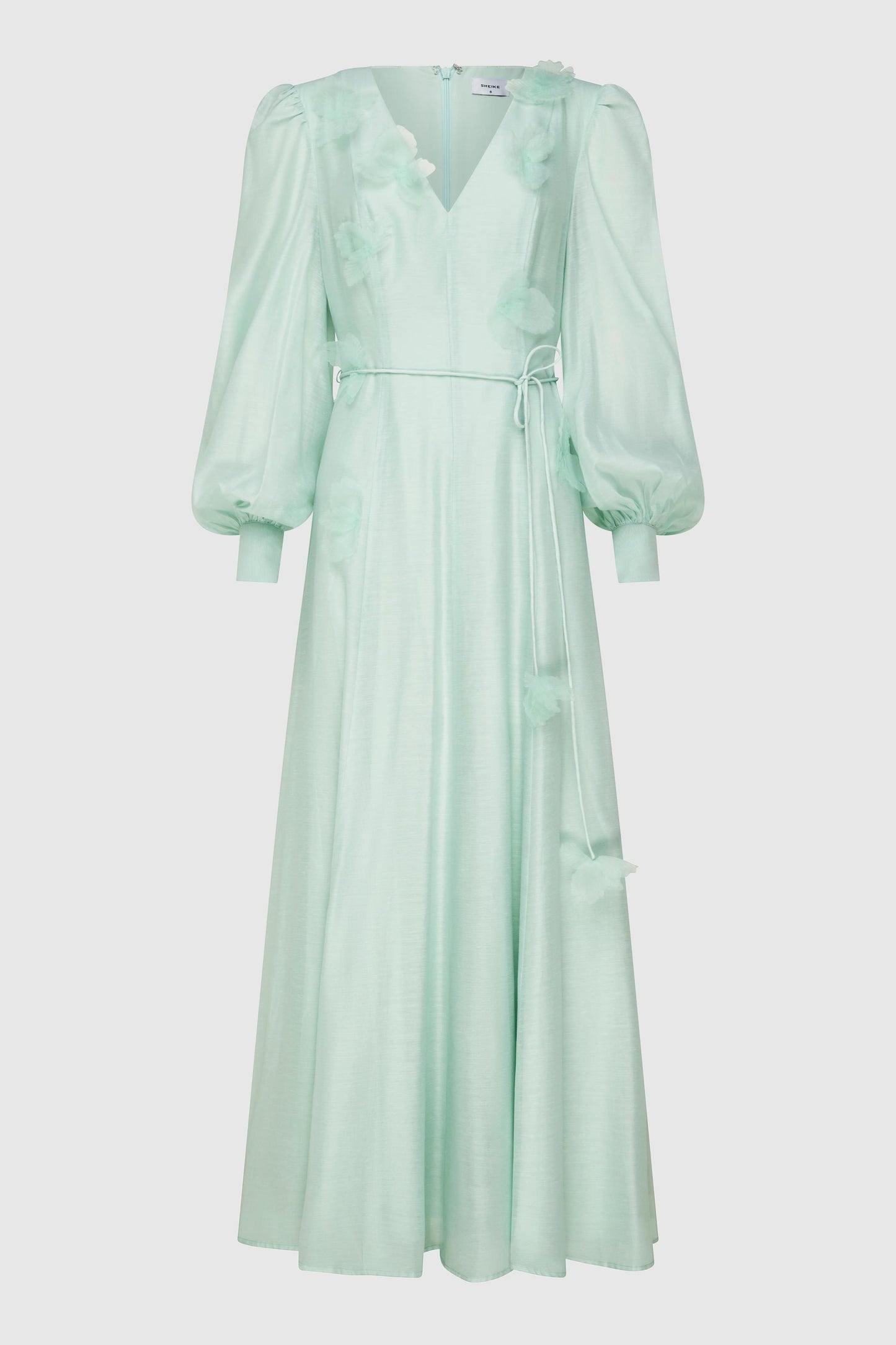 3D Flower V-Neck Lantern Sleeve Midi Dress