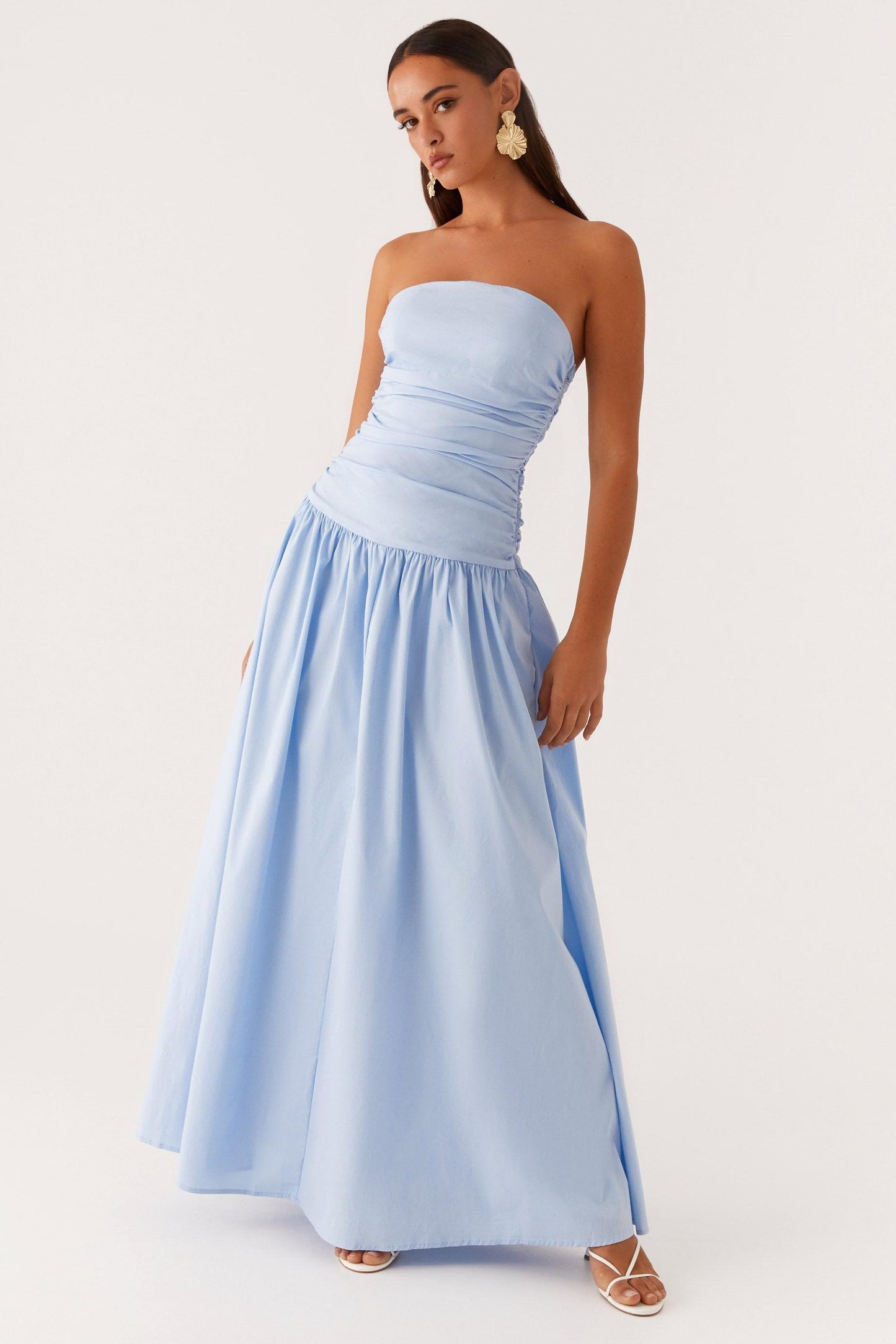 Solid Off-Shoulder Gathering Maxi Dress