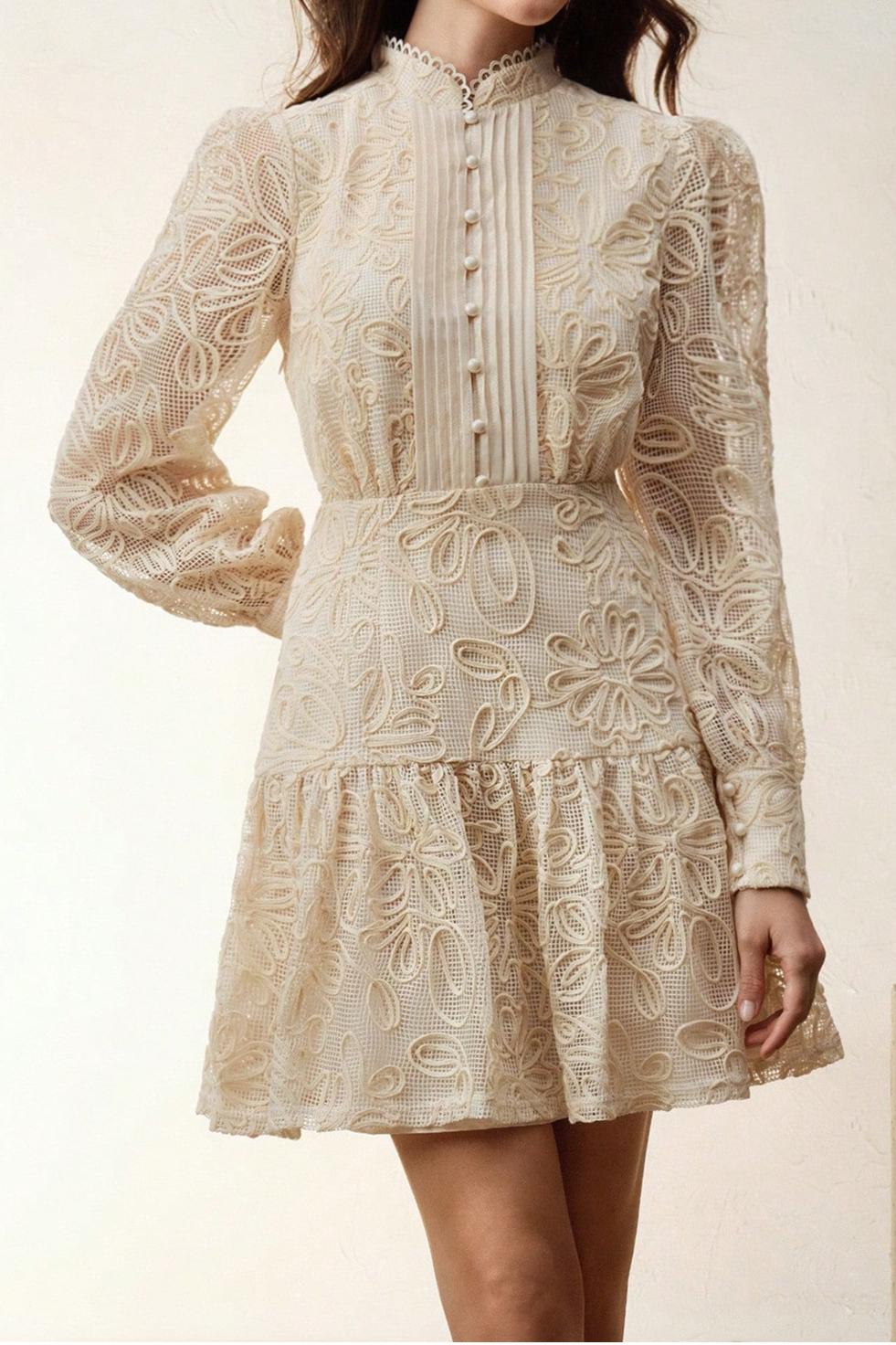Crochet Faux Pearl Button Mini Dress
