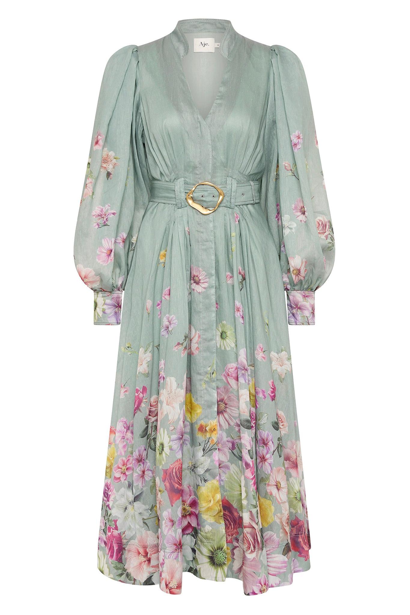 Floral Lantern Sleeve Midi Dress With Belt