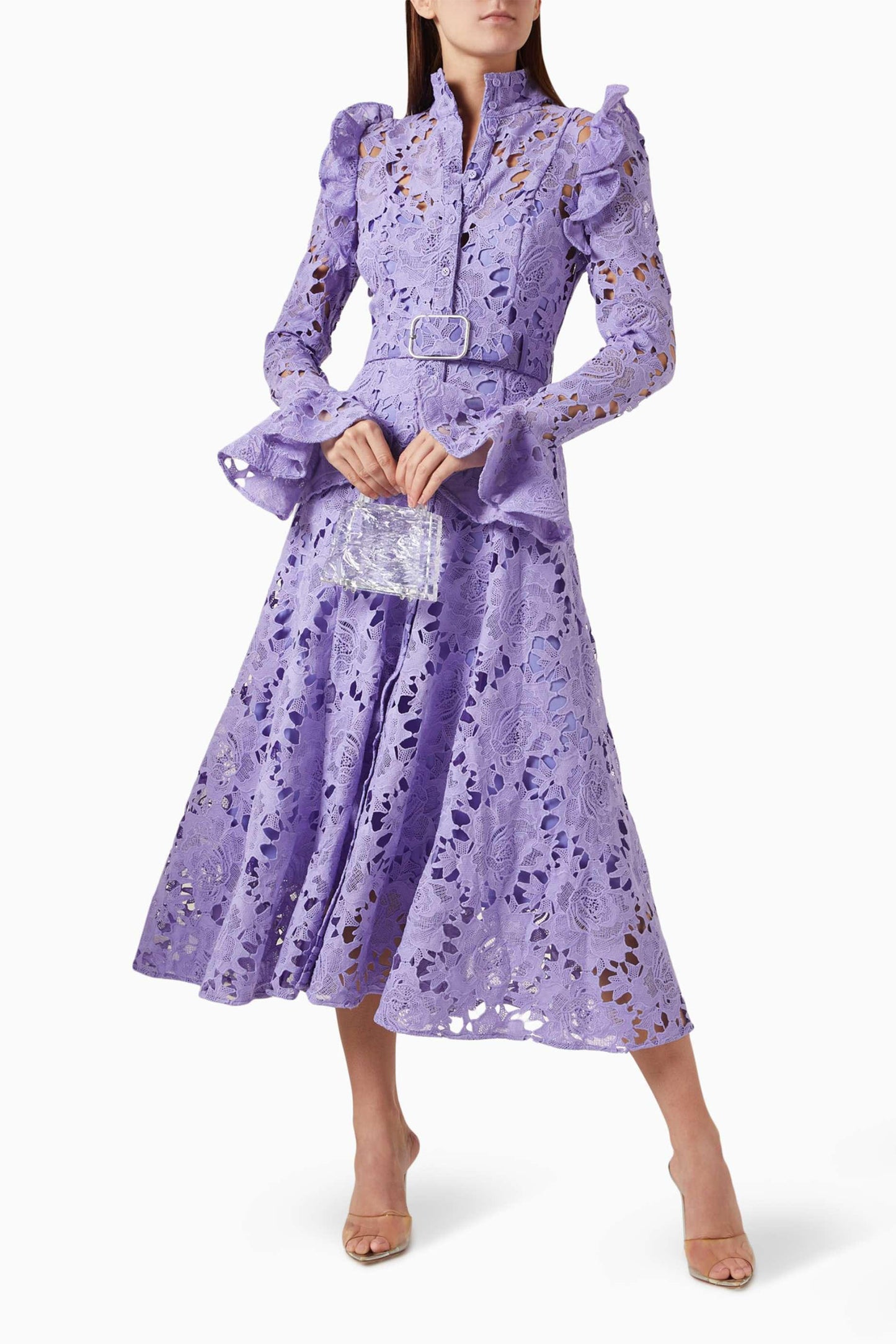 Lace Ruffle Midi Dress With Belt