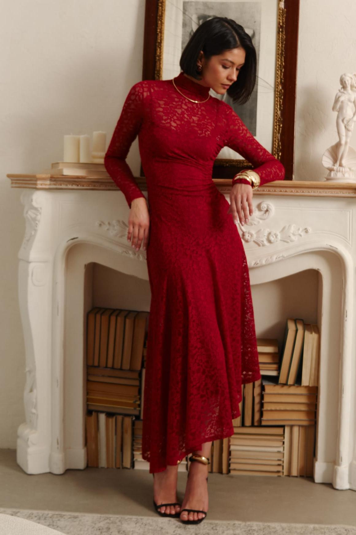 Lace High Neck Long Sleeve Maxi Dress