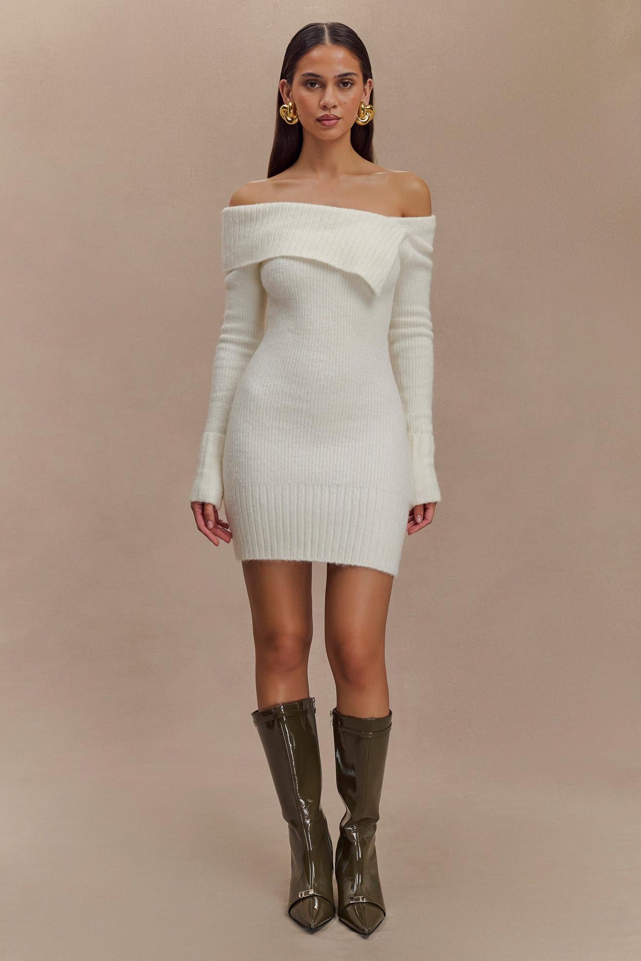 Knit Off-Shouler Long Sleeve Mini Dress