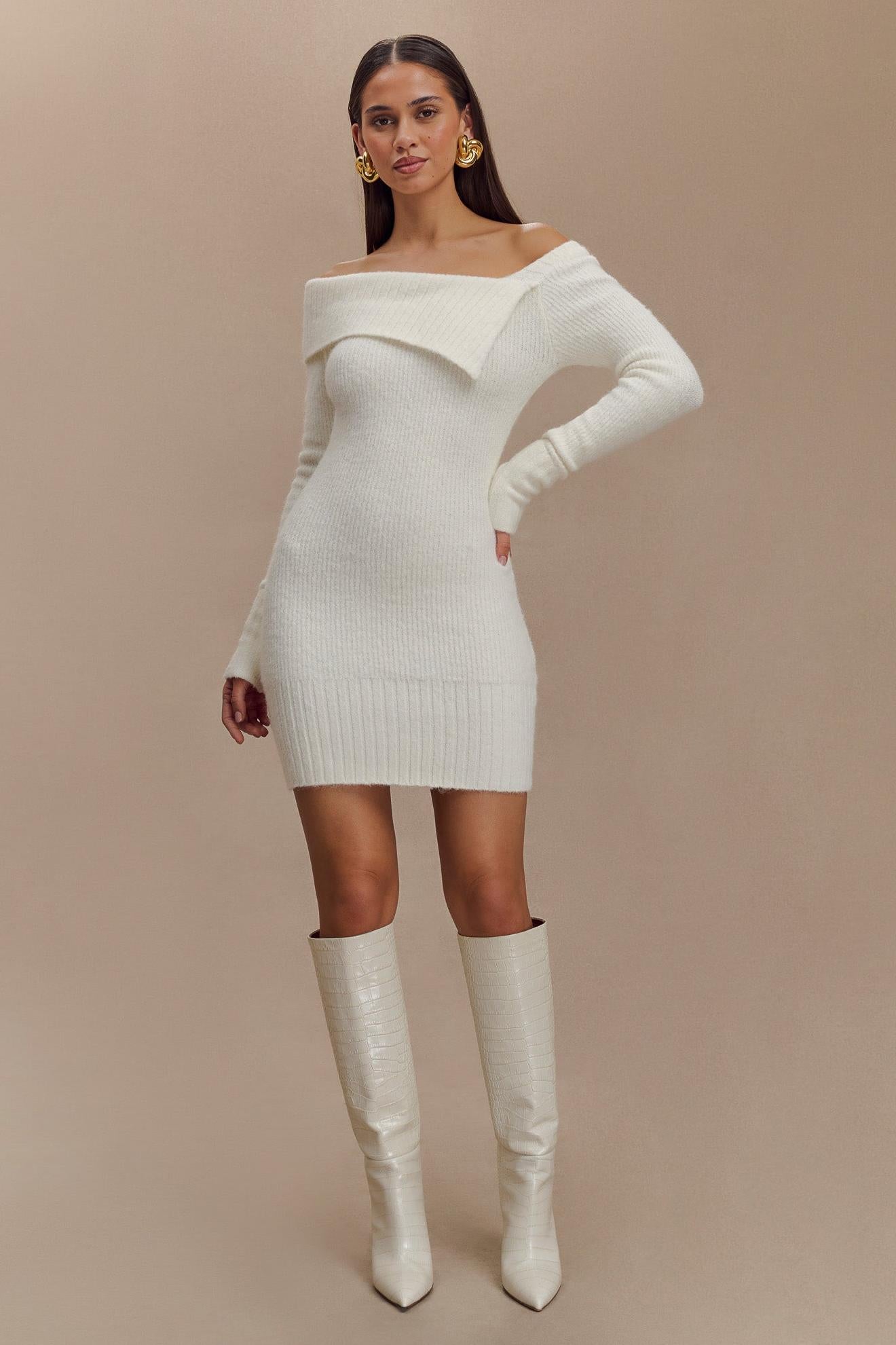 Knit Off-Shouler Long Sleeve Mini Dress