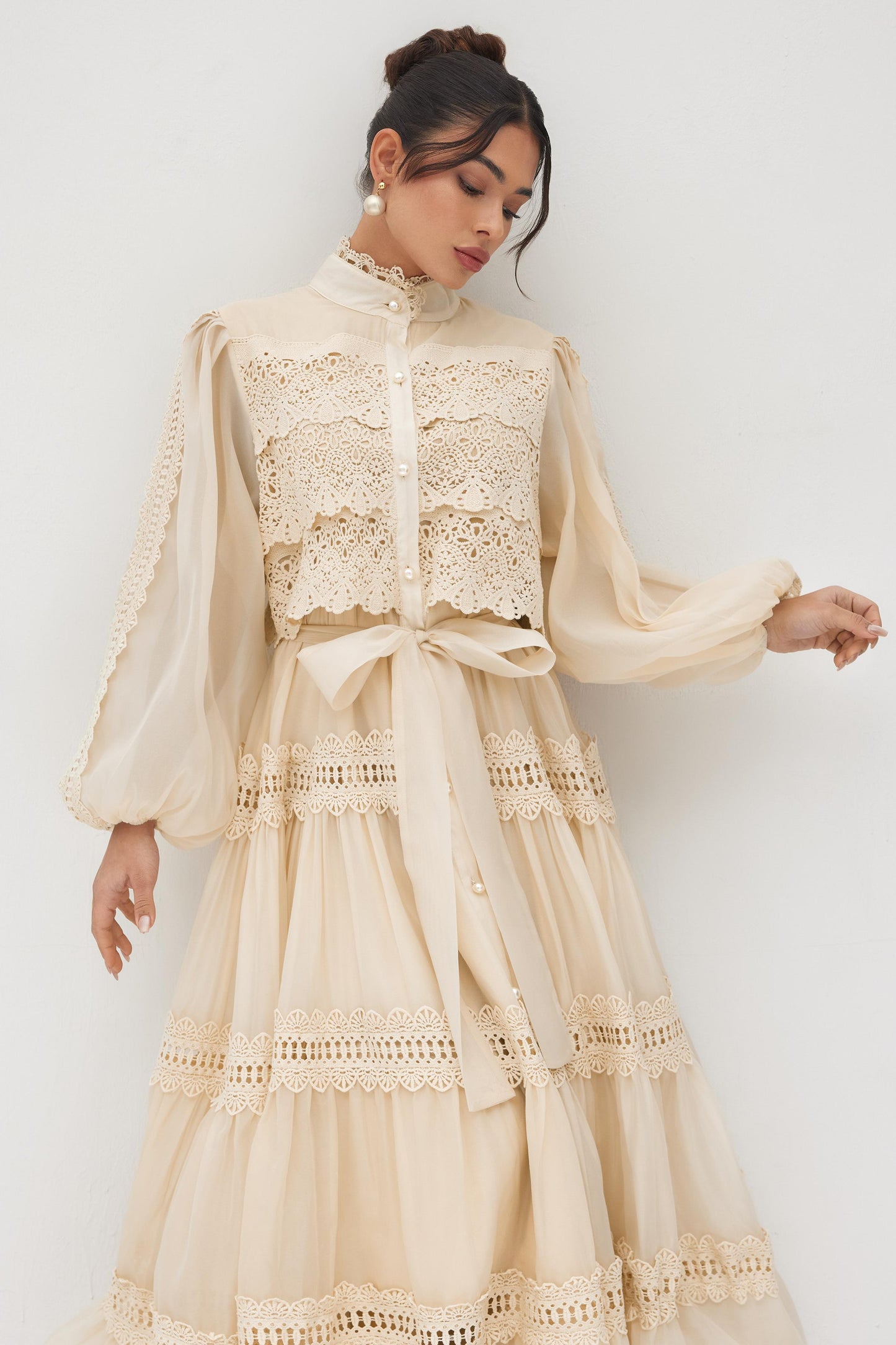 Lace Single Breasted Tie-Up Midi Dress