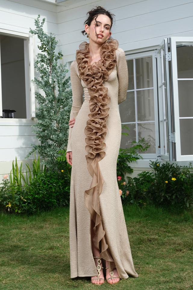 Jersey Ruffle Long Sleeve Maxi Dress