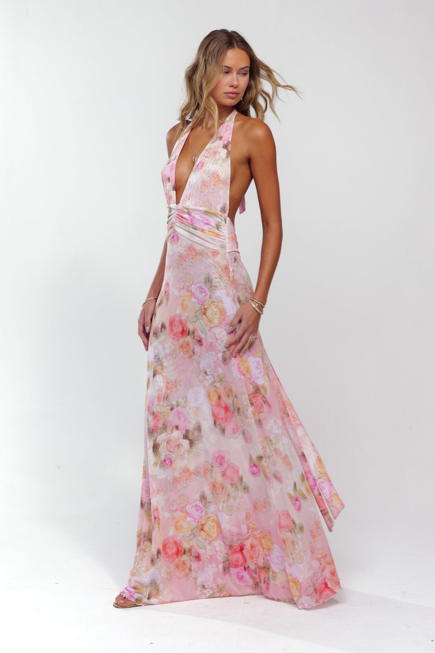 Floral Gathering Halter Neck Maxi Dress