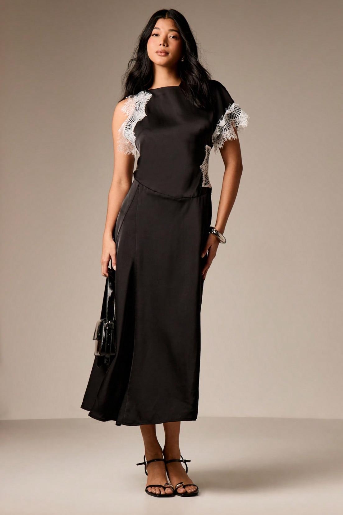 Lace Asymmetrical Satin Midi Dress