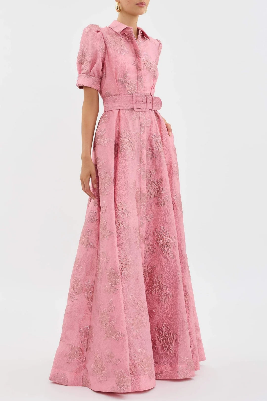 Jacquard Shirt Collar Puff Sleeve Maxi Dress With Belt