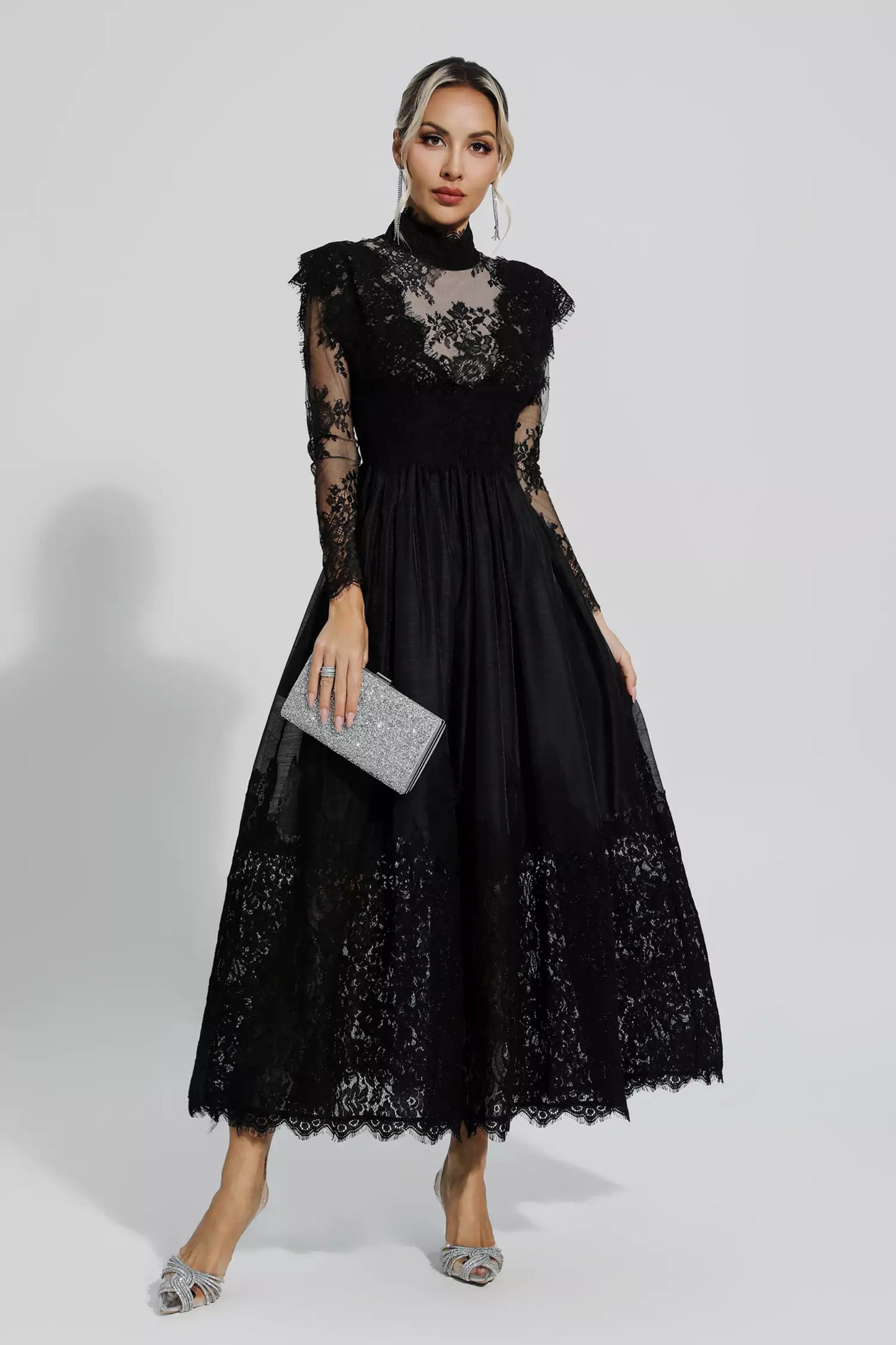 Jamie Black Floral Lace Stitching Long Sleeve Dress