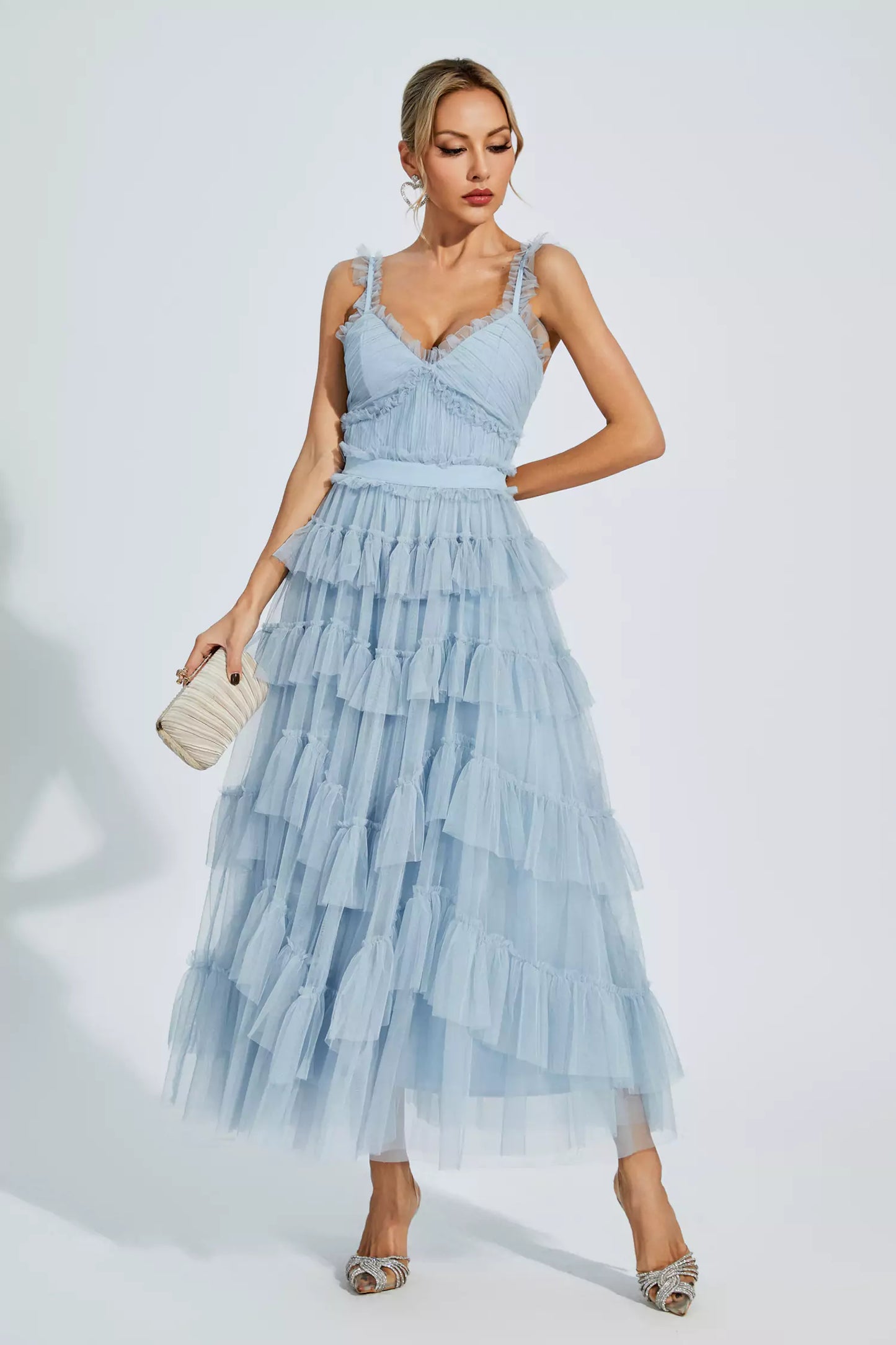 Pearl Blue Mesh Maxi Slip Dress